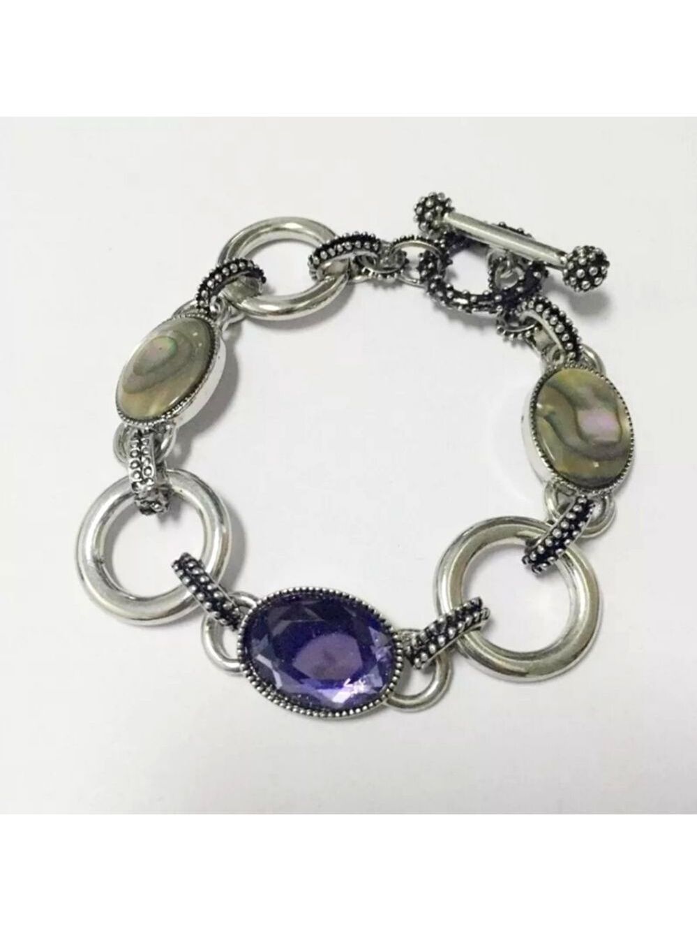 Lia Sophia Silver Tone Abalone & Purple Glass Toggle Bracelet NWOT 7.5"